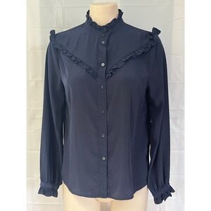 Kookai Navy Blue Swiss Dot Ruffle High Neck Victorian Blouse Long Sleeve Top
